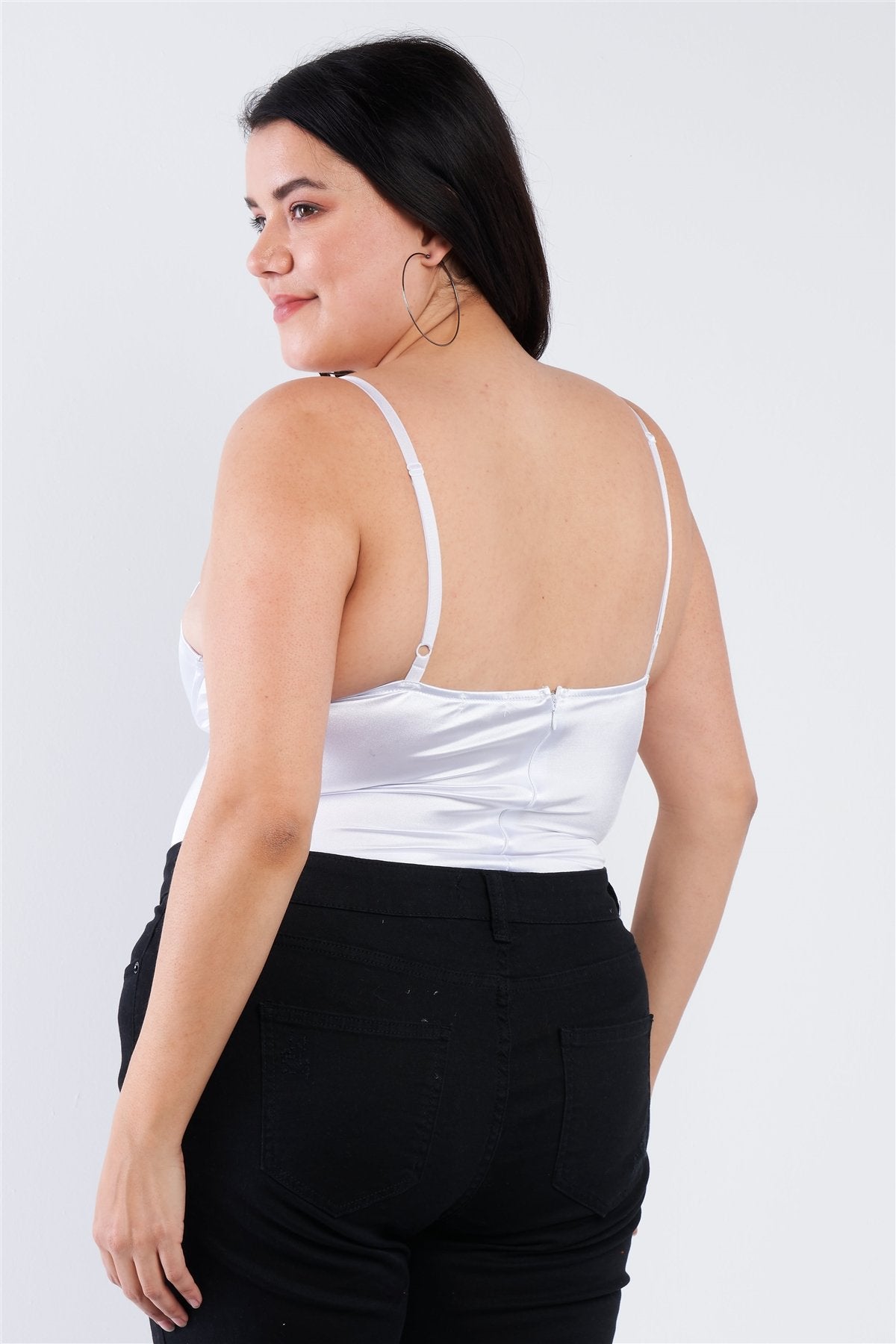 Plus Size Silk Chain Spaghetti Strap High Thong Center Cut Out Bodysuit — Neon White