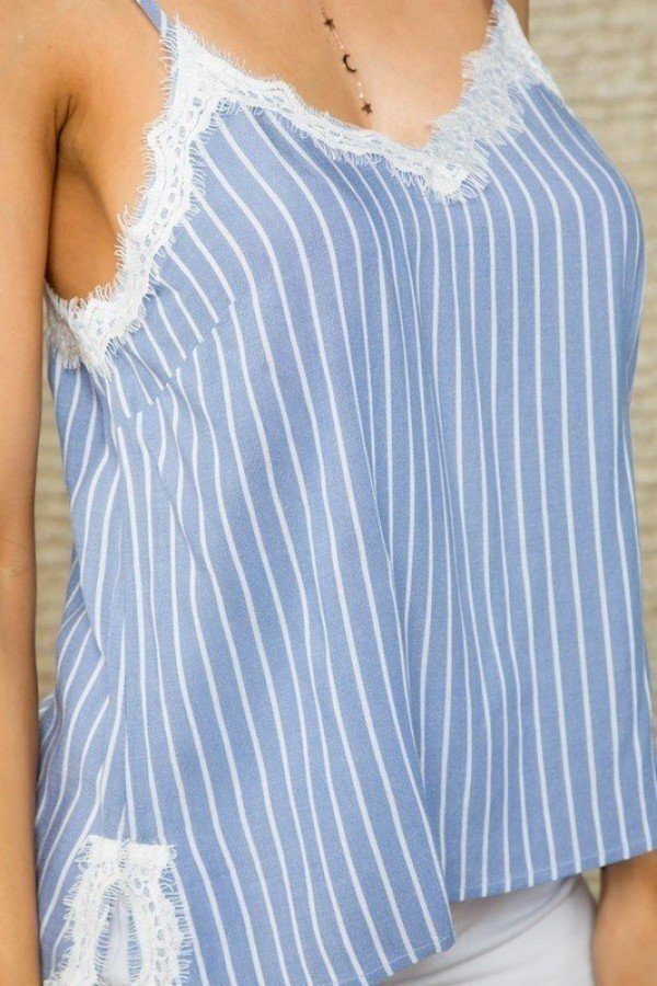 Stripe Print Side Slit Adjustable Self Spaghetti Lace Cami — Style 2