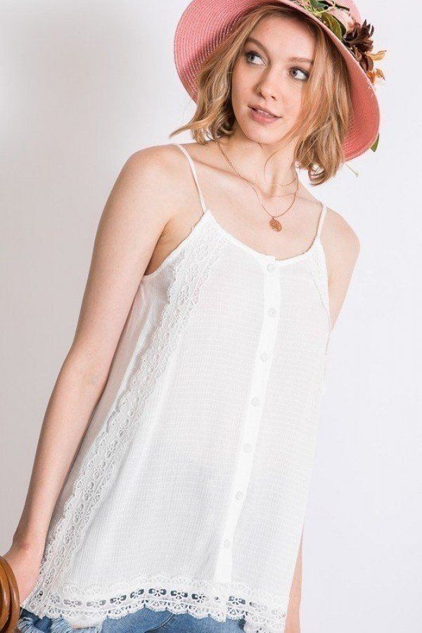 Boho Scallop Lace Trim Detailed Button Down Solid Subtle Textured Slit Side Overlay Layered Cami Top — Style 1