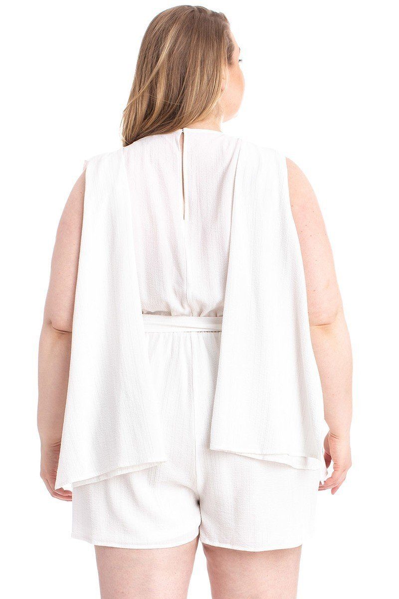 Shimmer Fabric Draped Open Sleeve Romper — Ivory