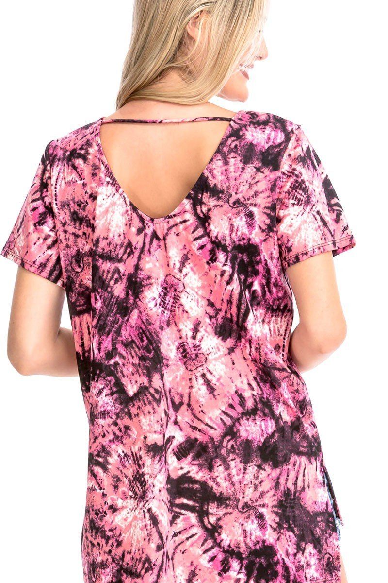Tie Dye Print Short Sleeve Top — Fuchsia