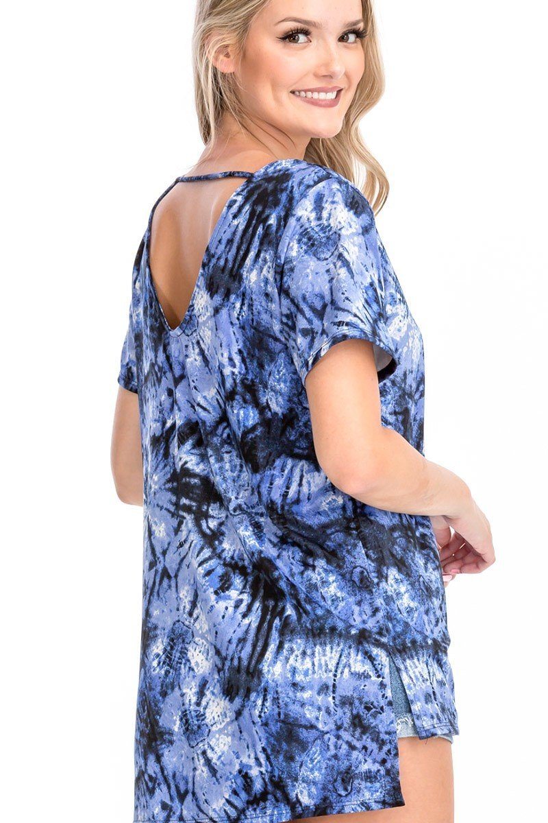 Tie Dye Print Short Sleeve Top — Blue