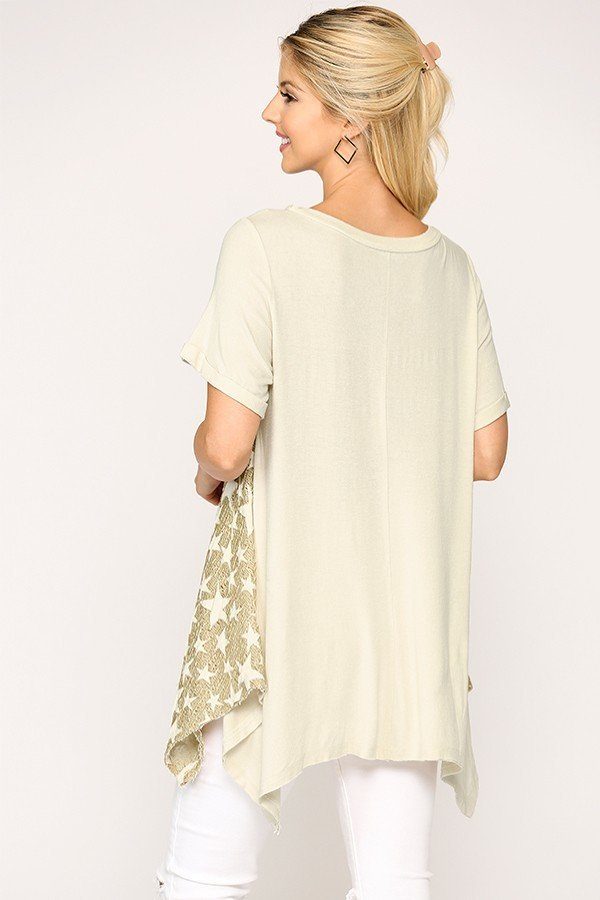 Star Textured Knit Mixed Tunic Top With Shark Bite Hem — Golden Sand