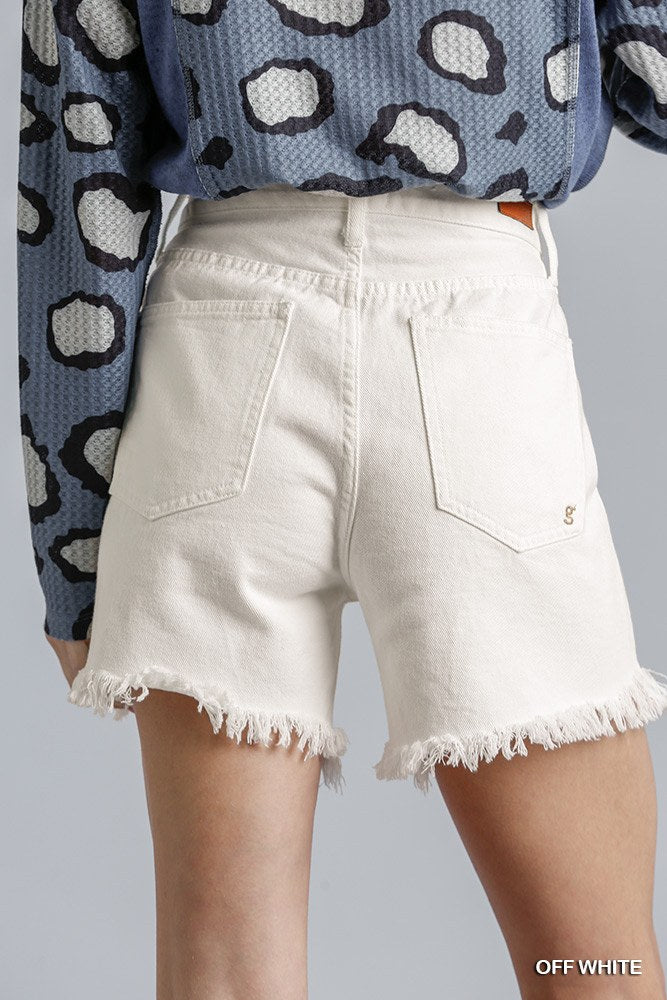 High Rise Denim Shorts With Raw Hem — Off White
