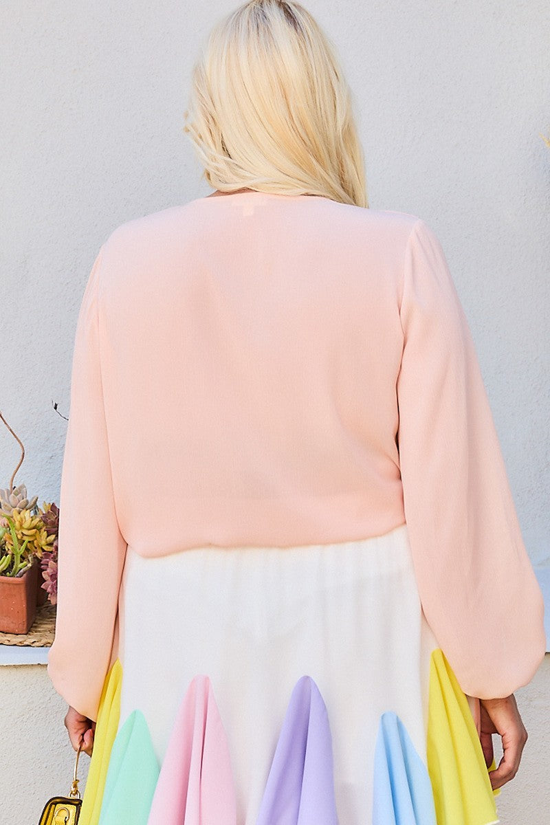 V Neck Bubble Sleeve Solid Top — Blush