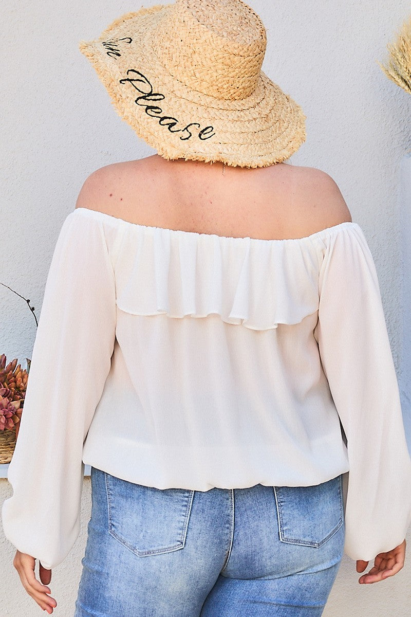 Off Shoulder Ruffle Bubble Sleeve Top — White
