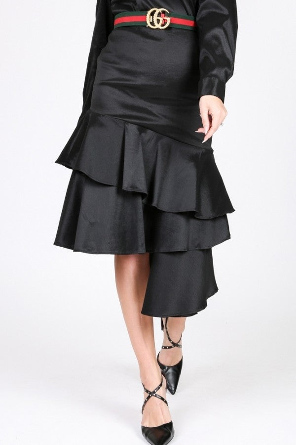 Asymmetrical Ruffle Bottom Satin Skirt — Style 1