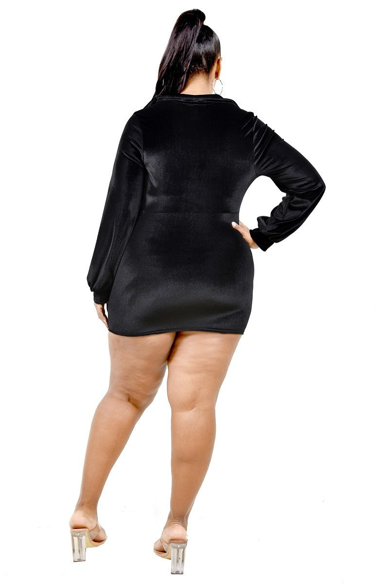 Plus Velvet Bishop Sleeve Mini Dress — Black