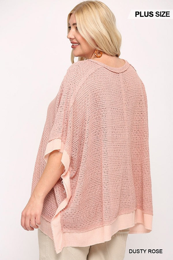 Light Knit And Woven Mixed Boxy Top With Poncho Sleeve — Dusty Rose