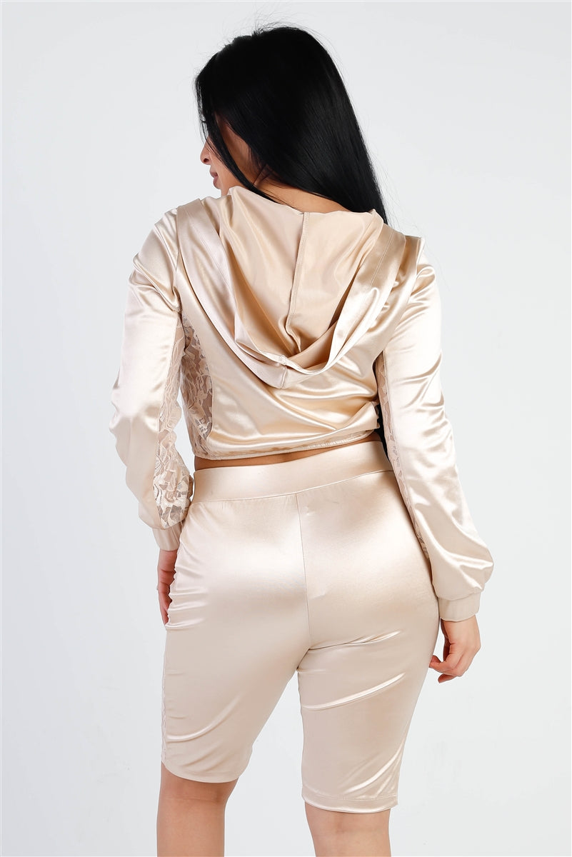 Satin Lace Details Long Sleeve Hooded Crop Top & Biker Short Set — Champagne