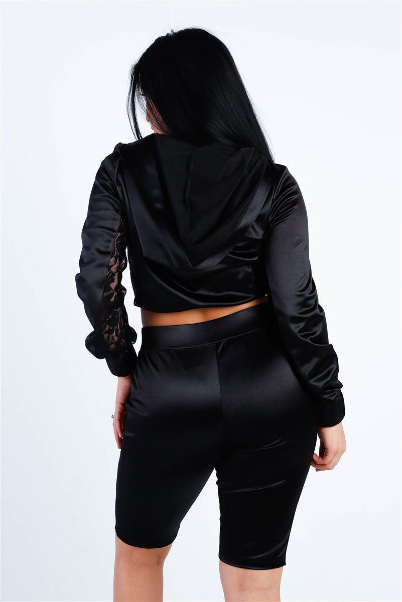 Satin Lace Details Long Sleeve Hooded Crop Top & Biker Short Set — Black