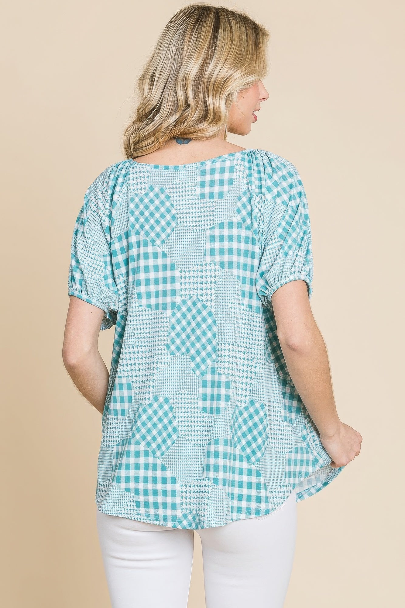 Hounds Tooth And Check Plaid Top — Sage