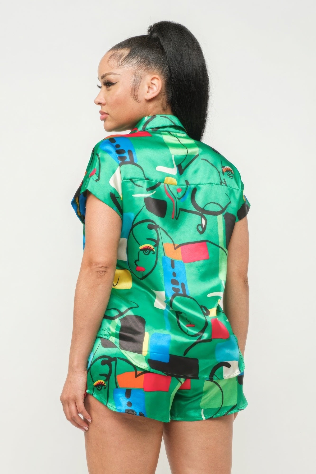 Satin Dolman Print Button Down Top And Shorts Set — Green Combo