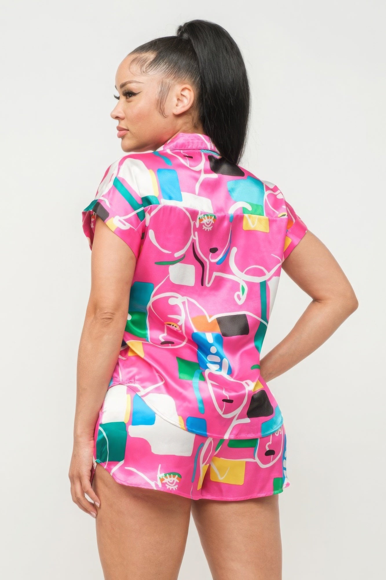 Satin Dolman Print Button Down Top And Shorts Set — Fuchsia Combo