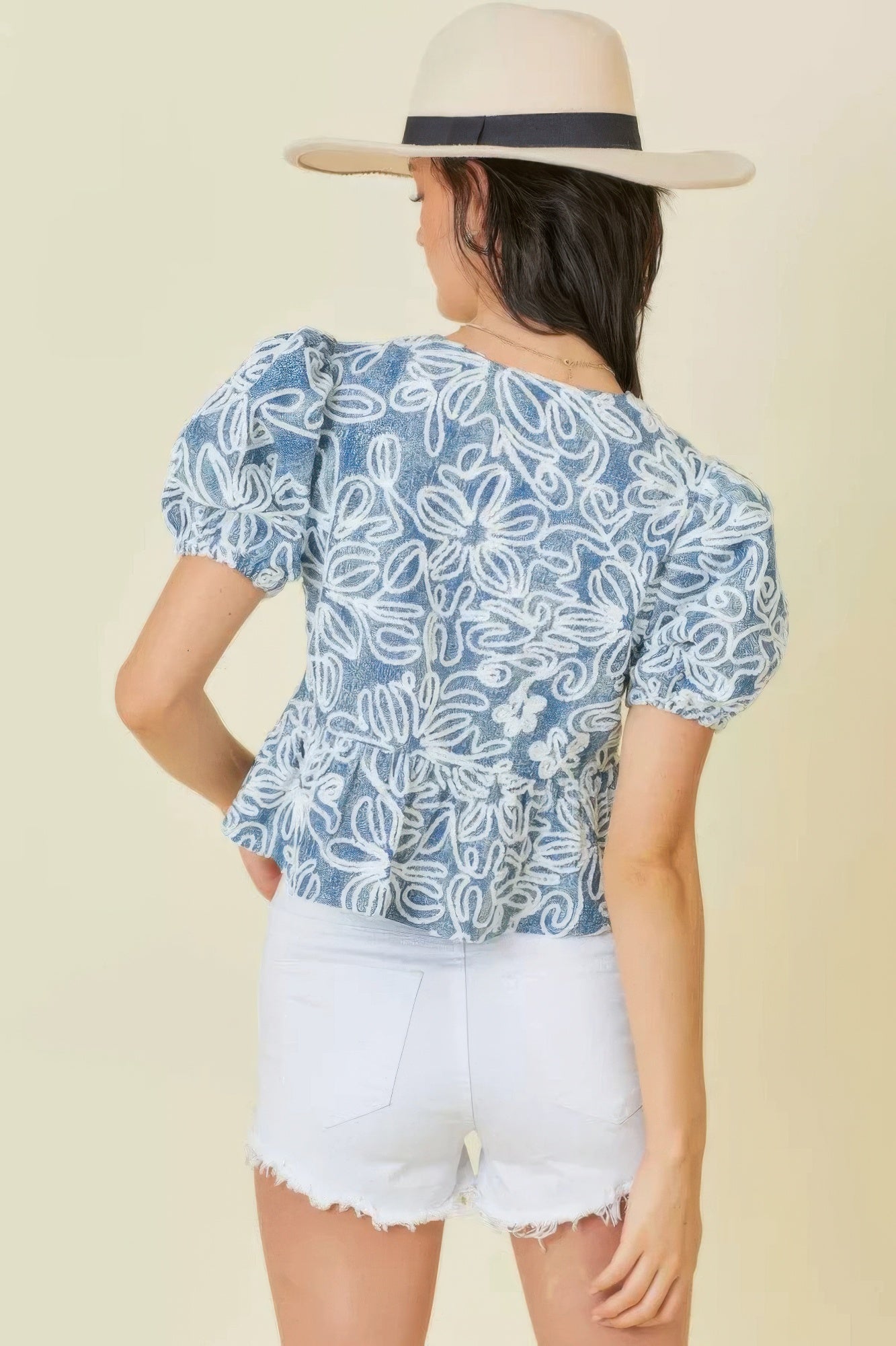 Denim Embroidered Crop Top With Front Tie Detail — Style 1