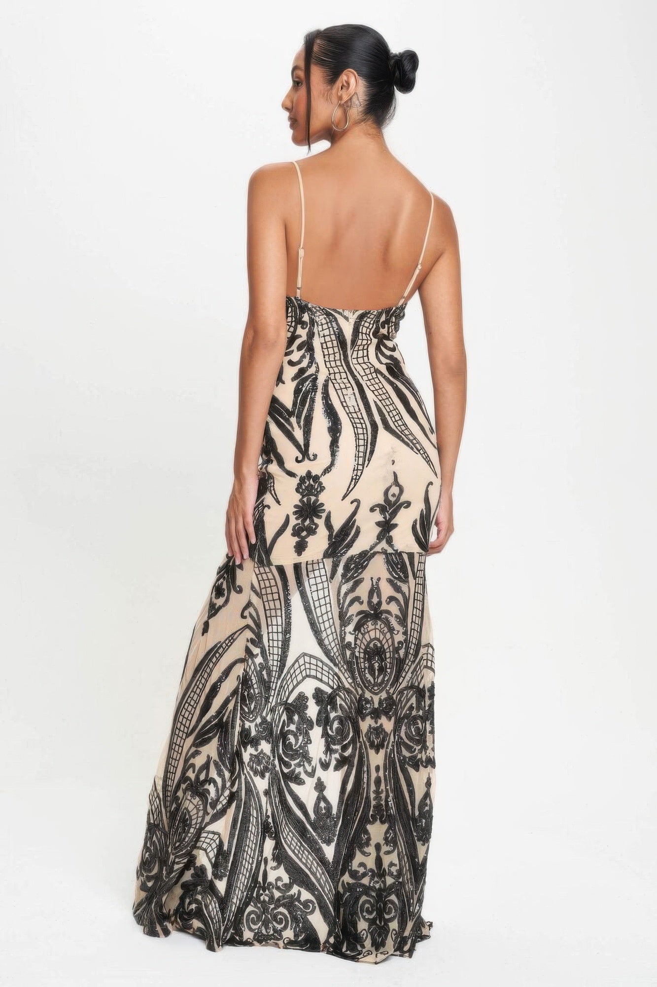 Spaghetti Strap Art Deco Sequins Maxi Dress — Black