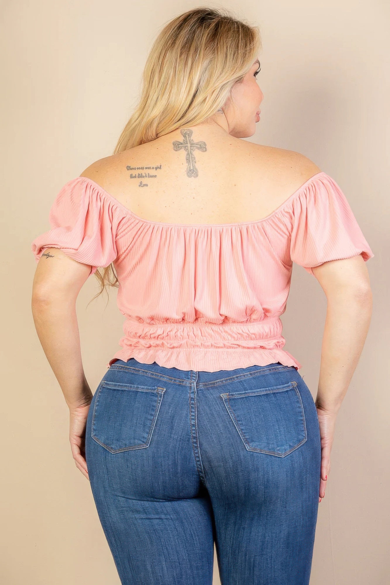 Plus size casual ruched puff sleeve ribbed knit solid top — Blush