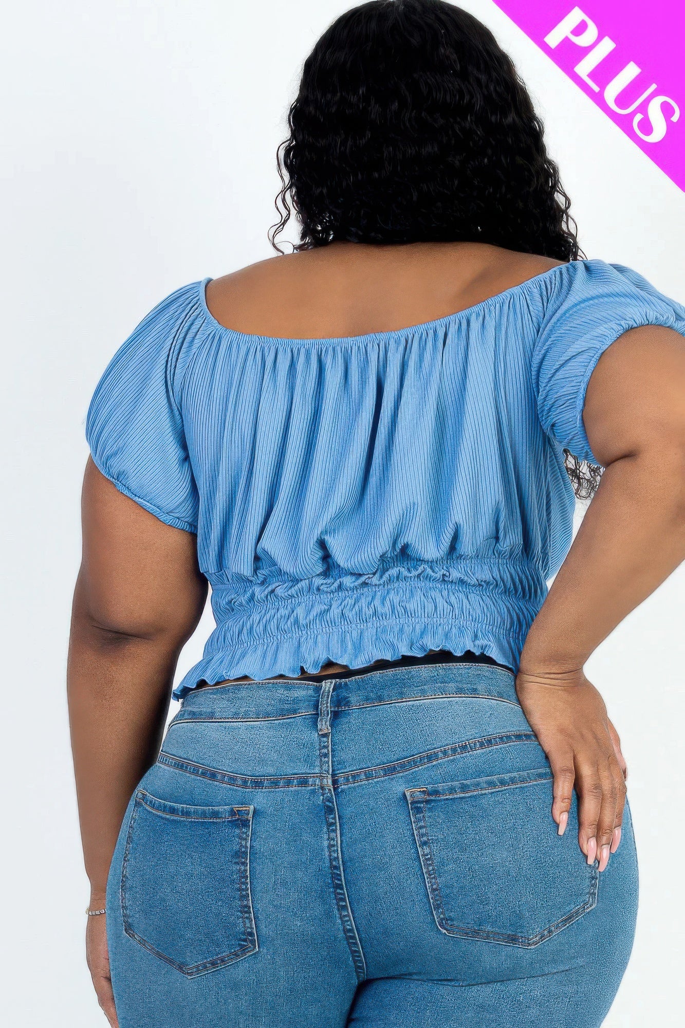 Plus size casual ruched puff sleeve ribbed knit solid top — Cloud