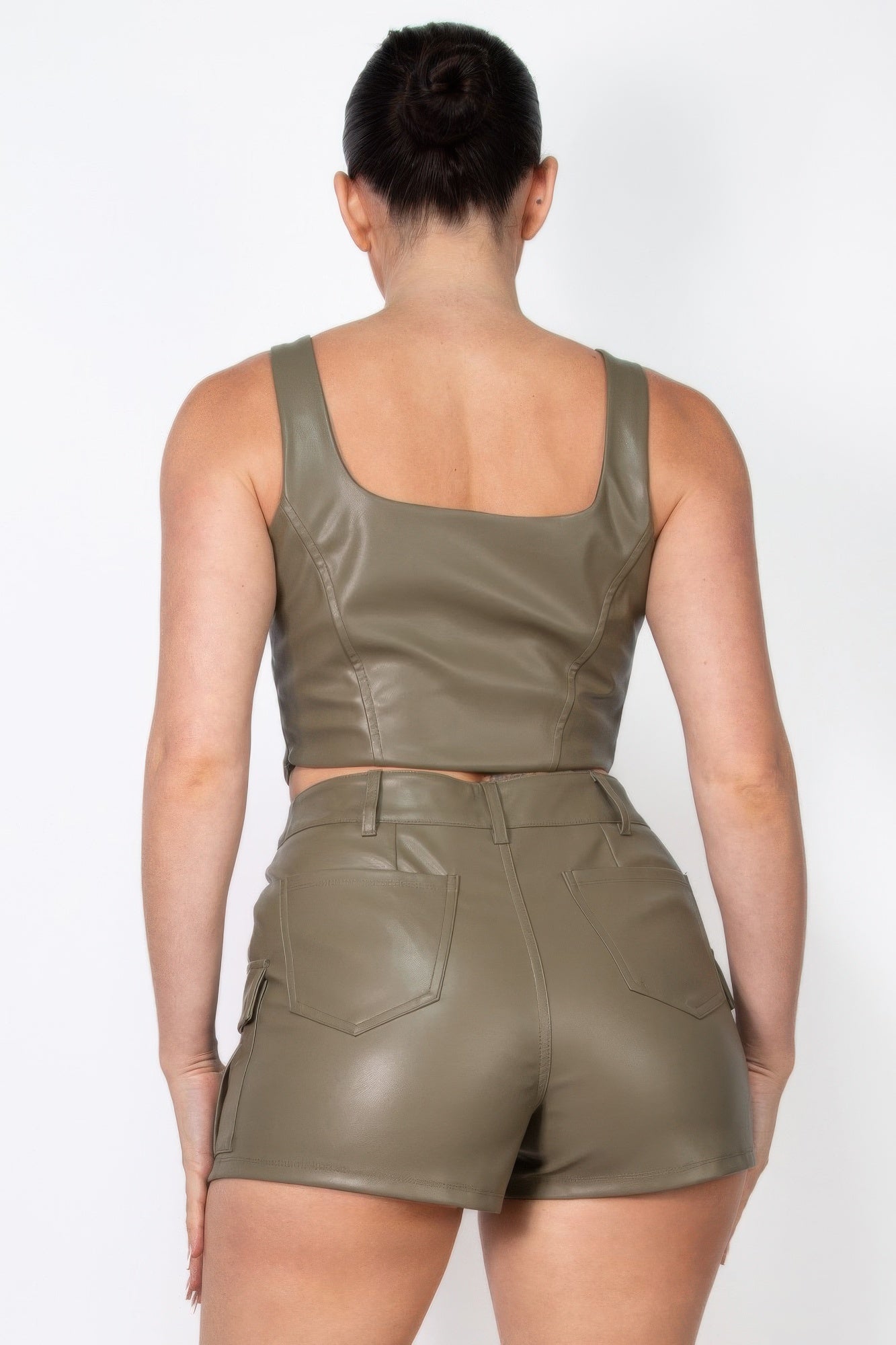 Faux Leather Square Zippered Crop Top — Olive