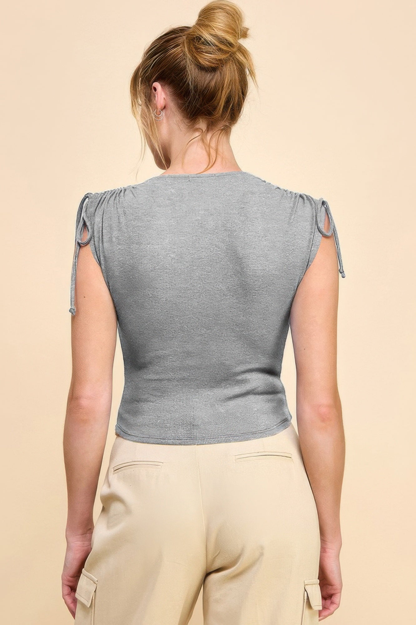 Ruching Shoulder Ribbed Top — Heather Grey