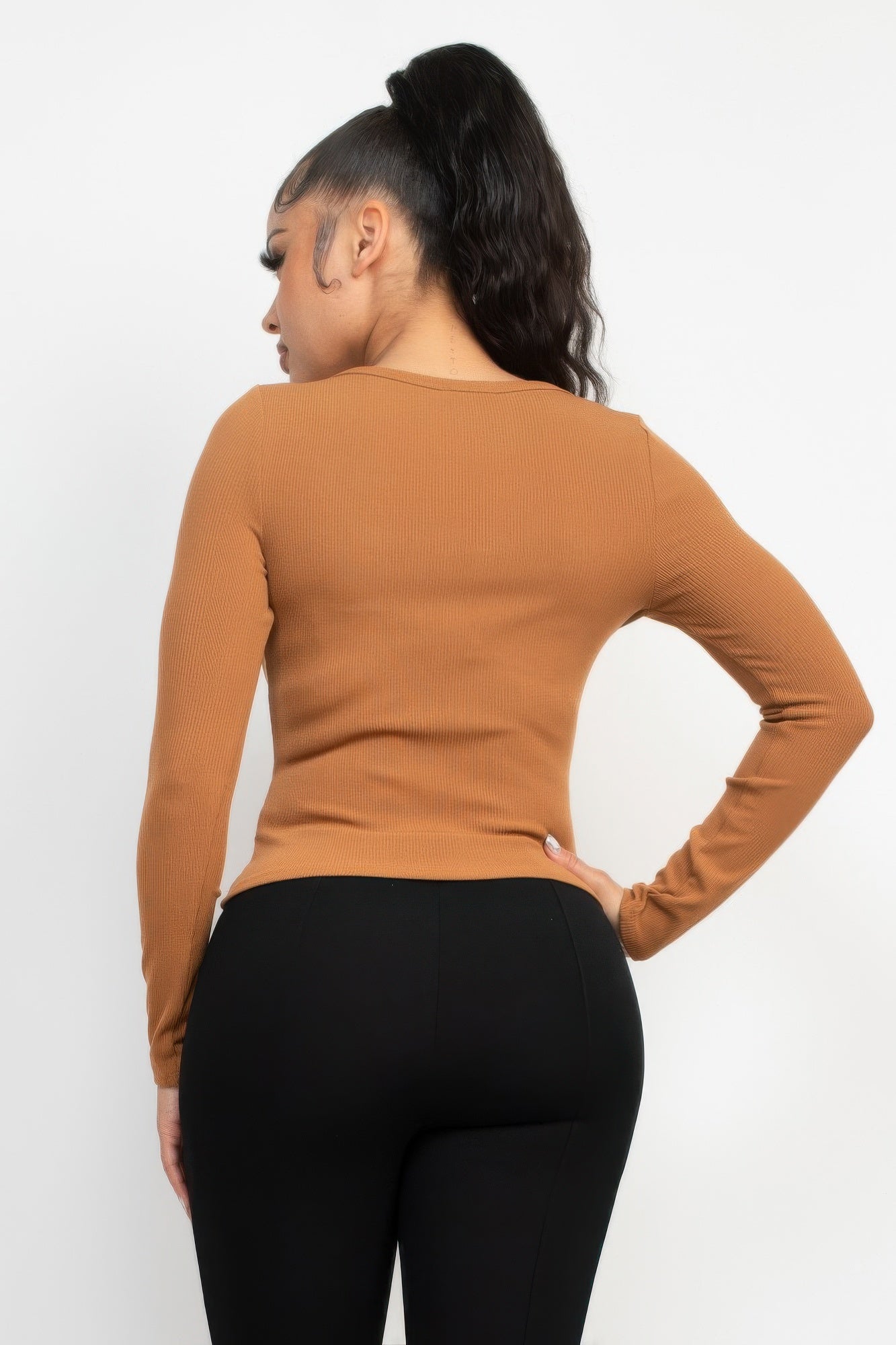 Solid V-collared Neck Top — Light Brown