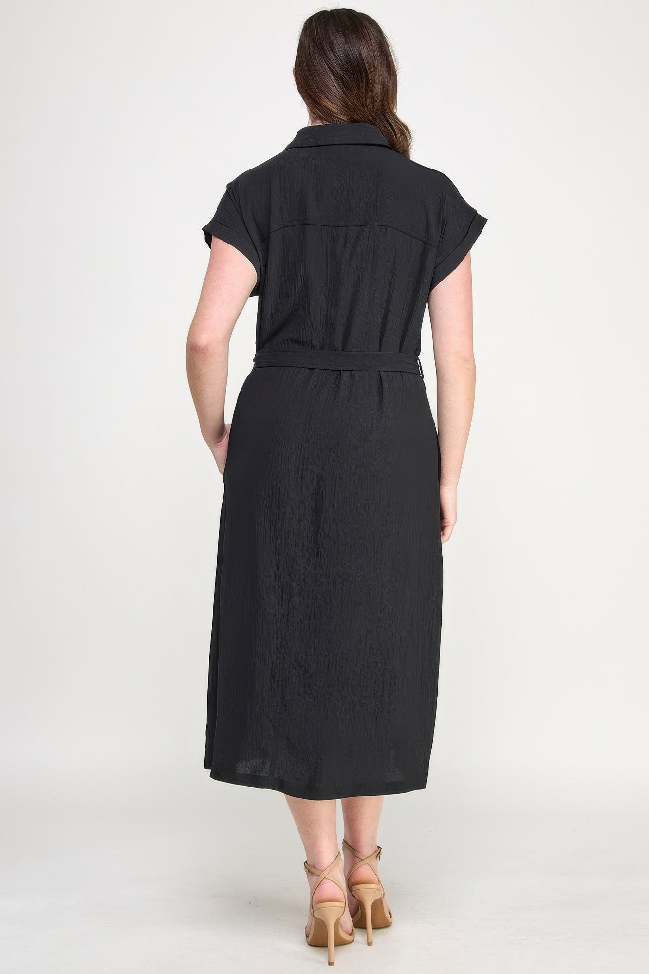 Front Tied Buttoned Short Sleeve Dress — Black