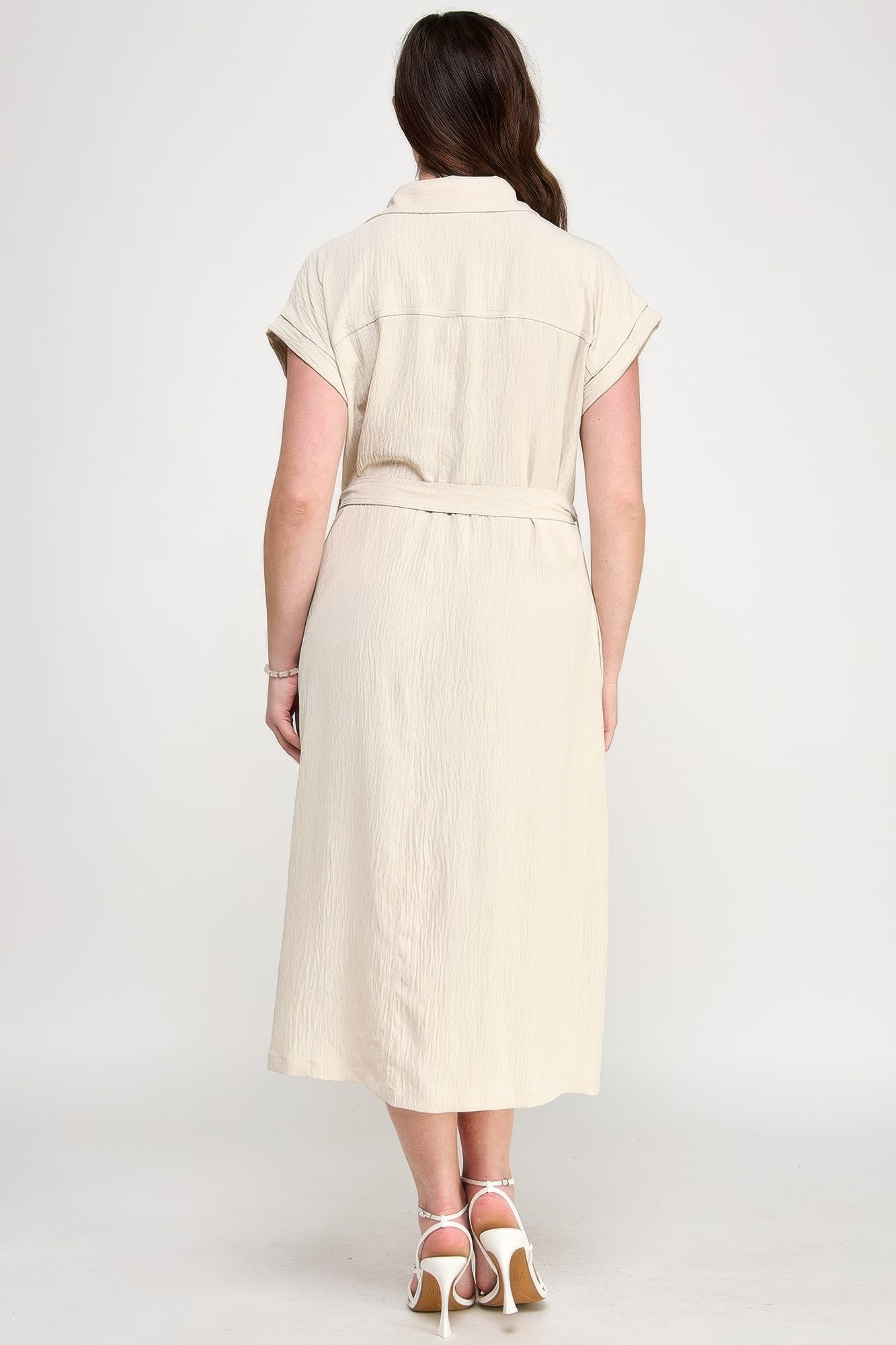 Front Tied Buttoned Short Sleeve Dress — Beige