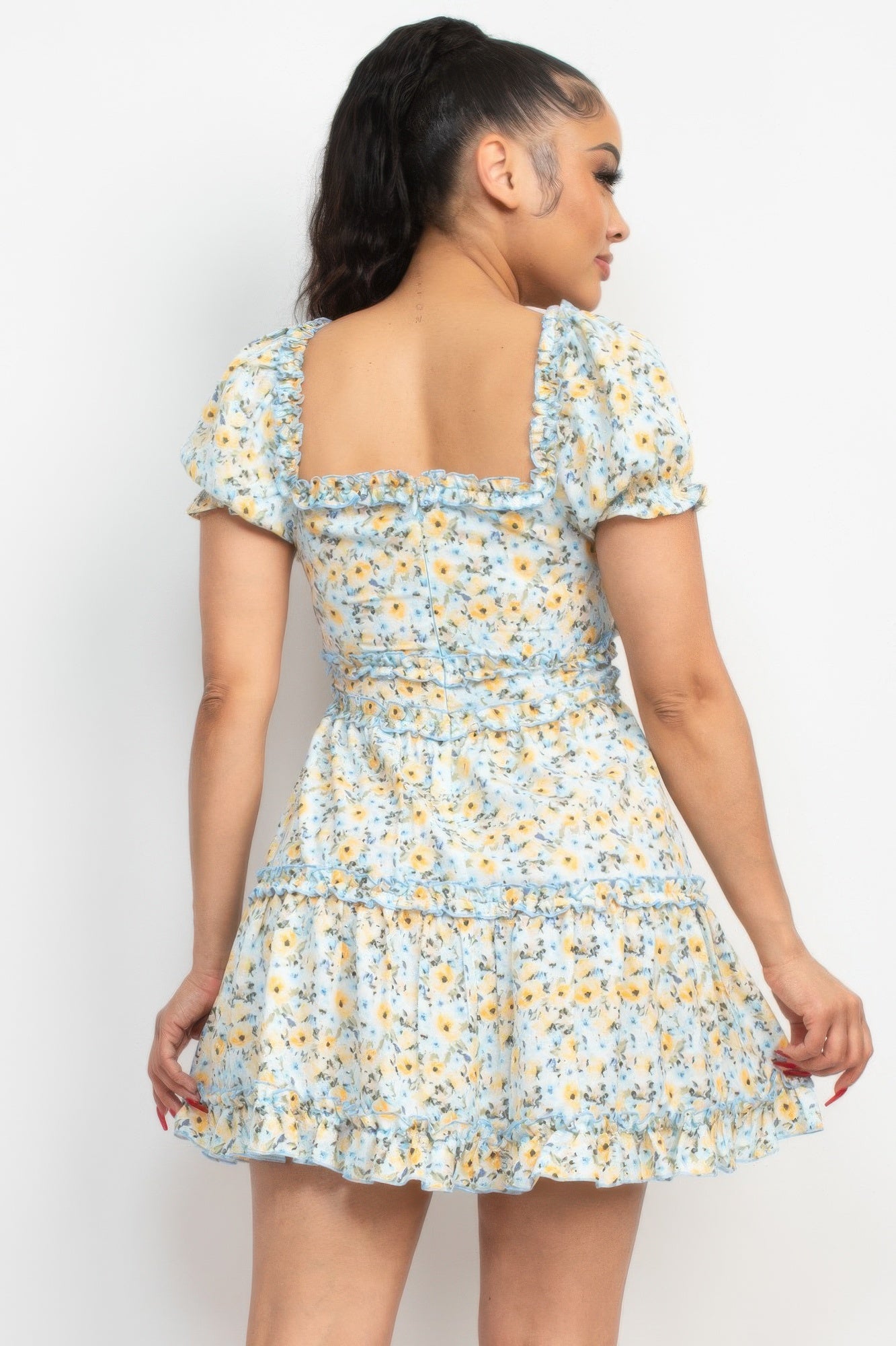 Ruffled Floral Puff Sleeve Dress — Blue