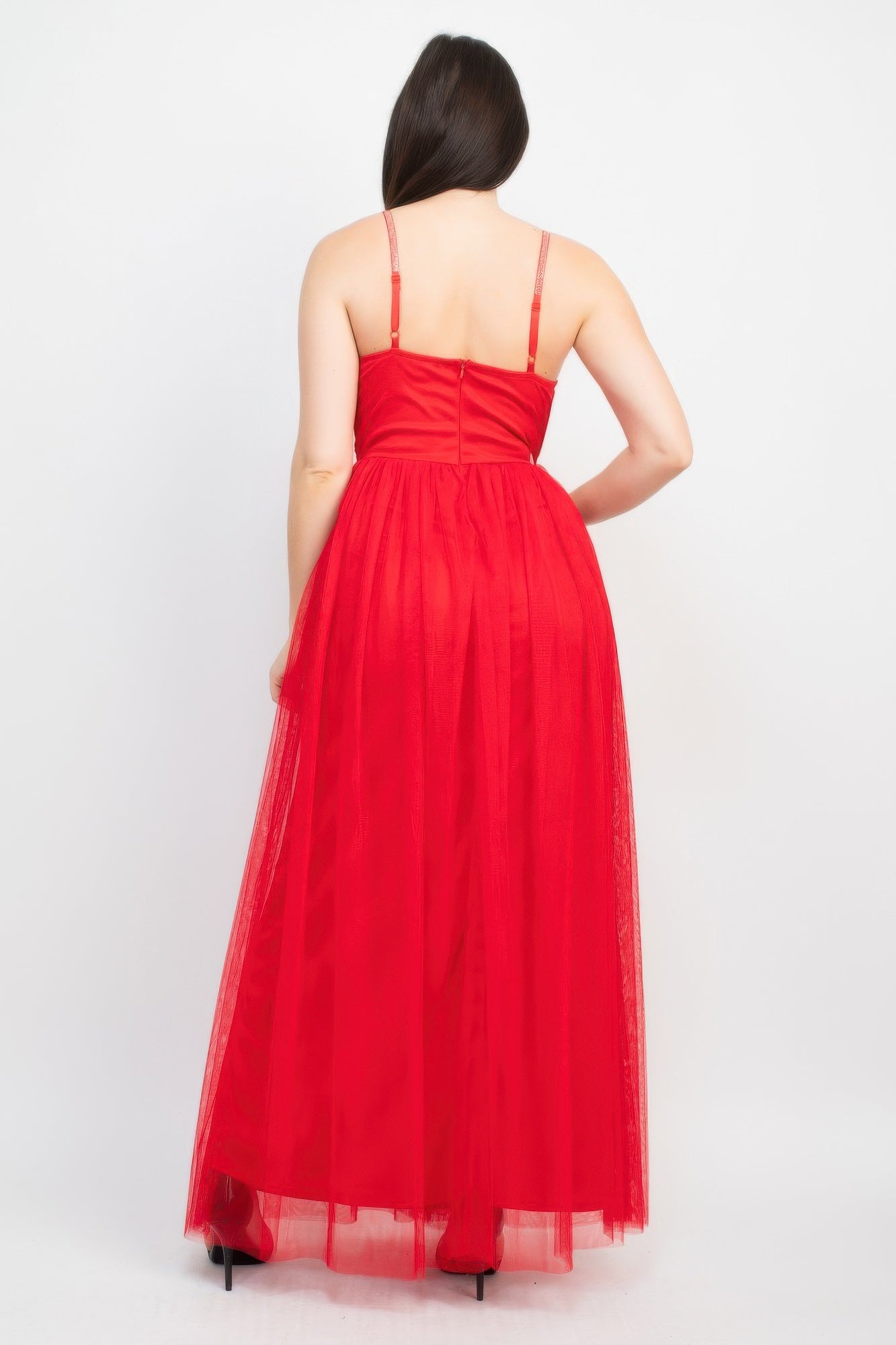 Glittered Straps Mesh Tulle Maxi Dress — Red