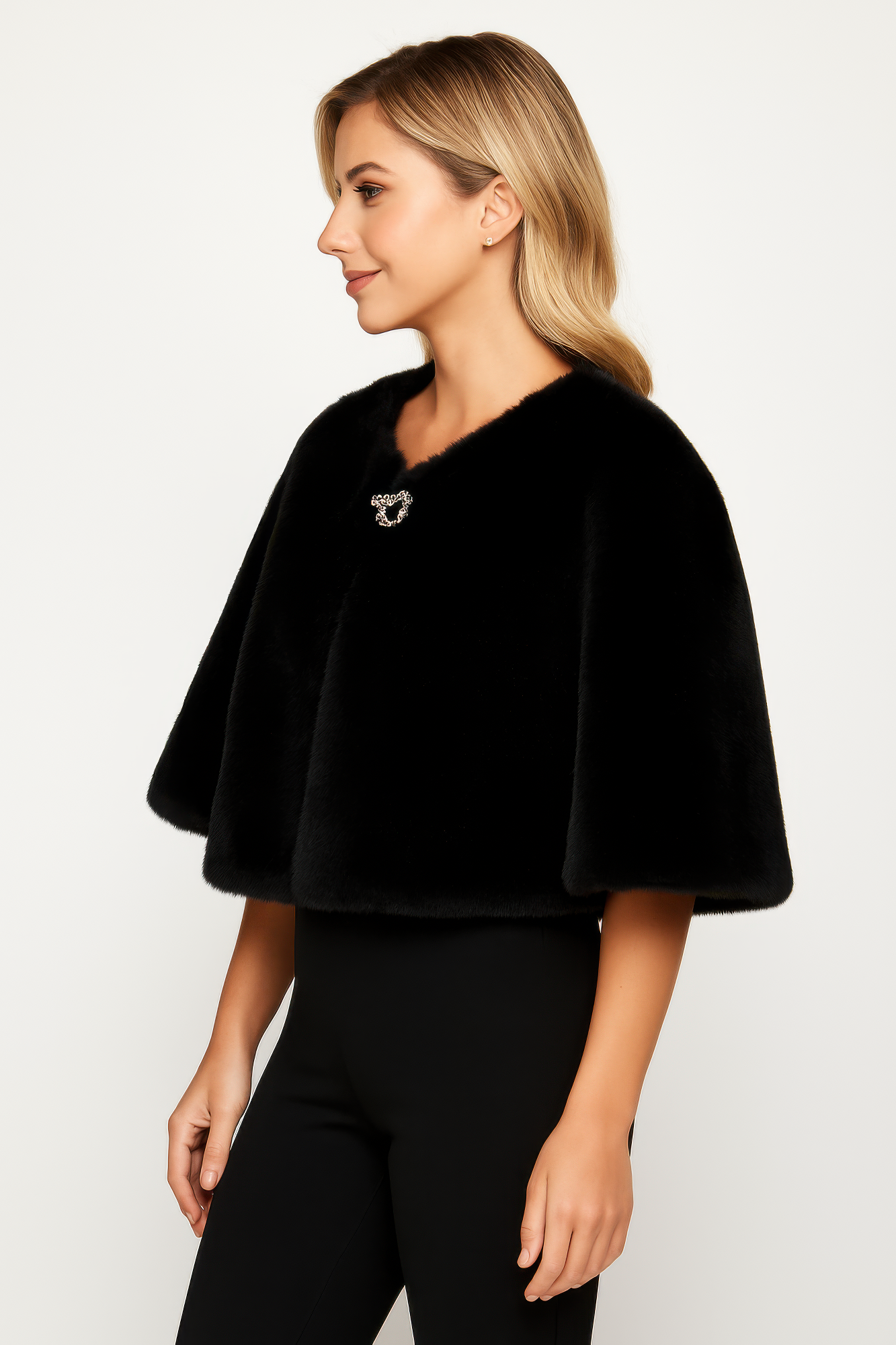 Faux Fur Cropped Cape With Jeweled Clasp In Black
