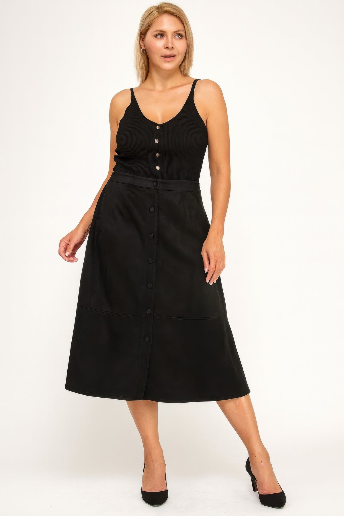 Plus Size Button-front Faux Suede Aline Midi Skirt