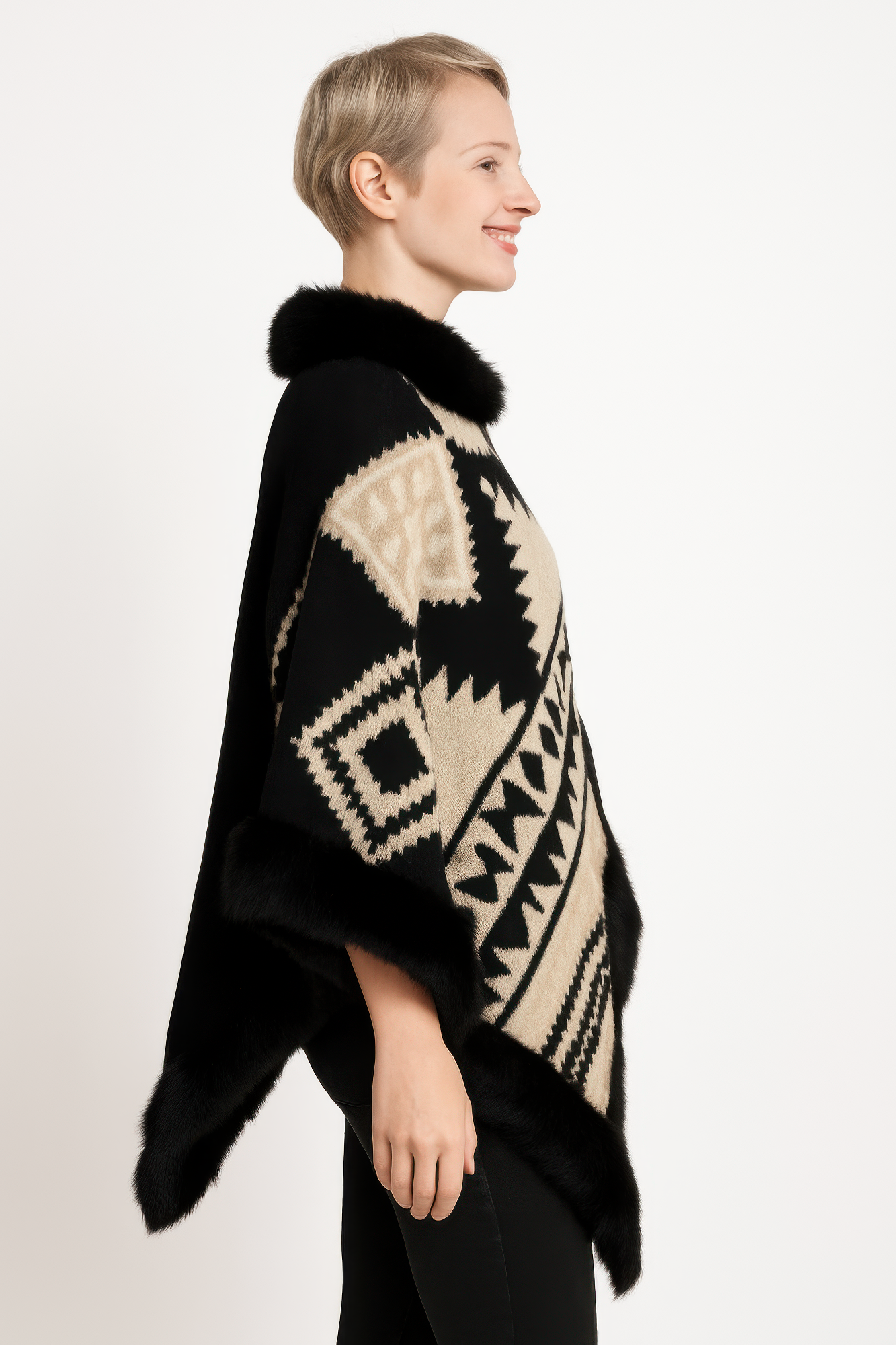 Tribal Luxe Faux Fur Trim Poncho — Black