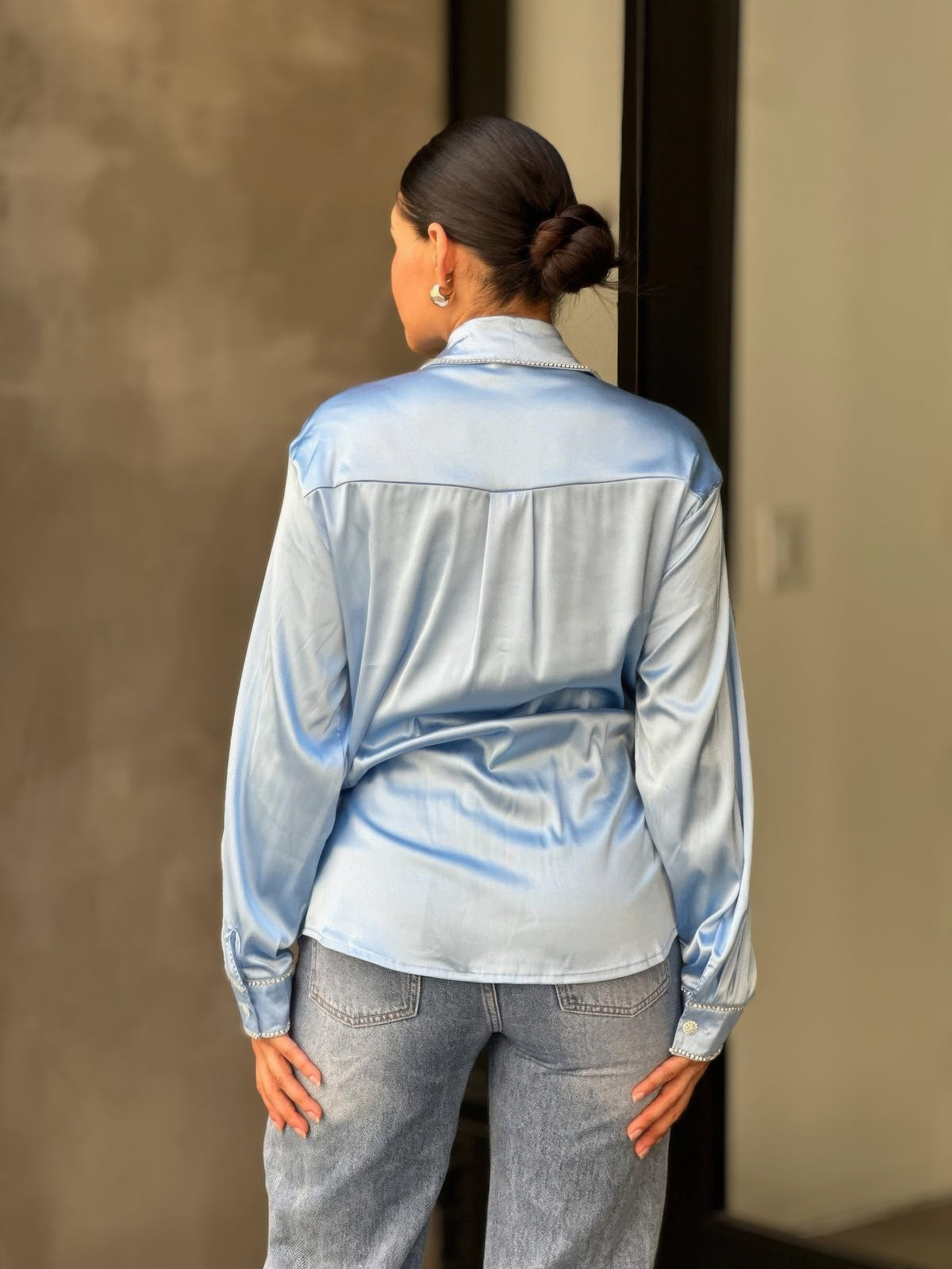 Rhinestone Diamond Lined Button Down Satin Blouse — Blue