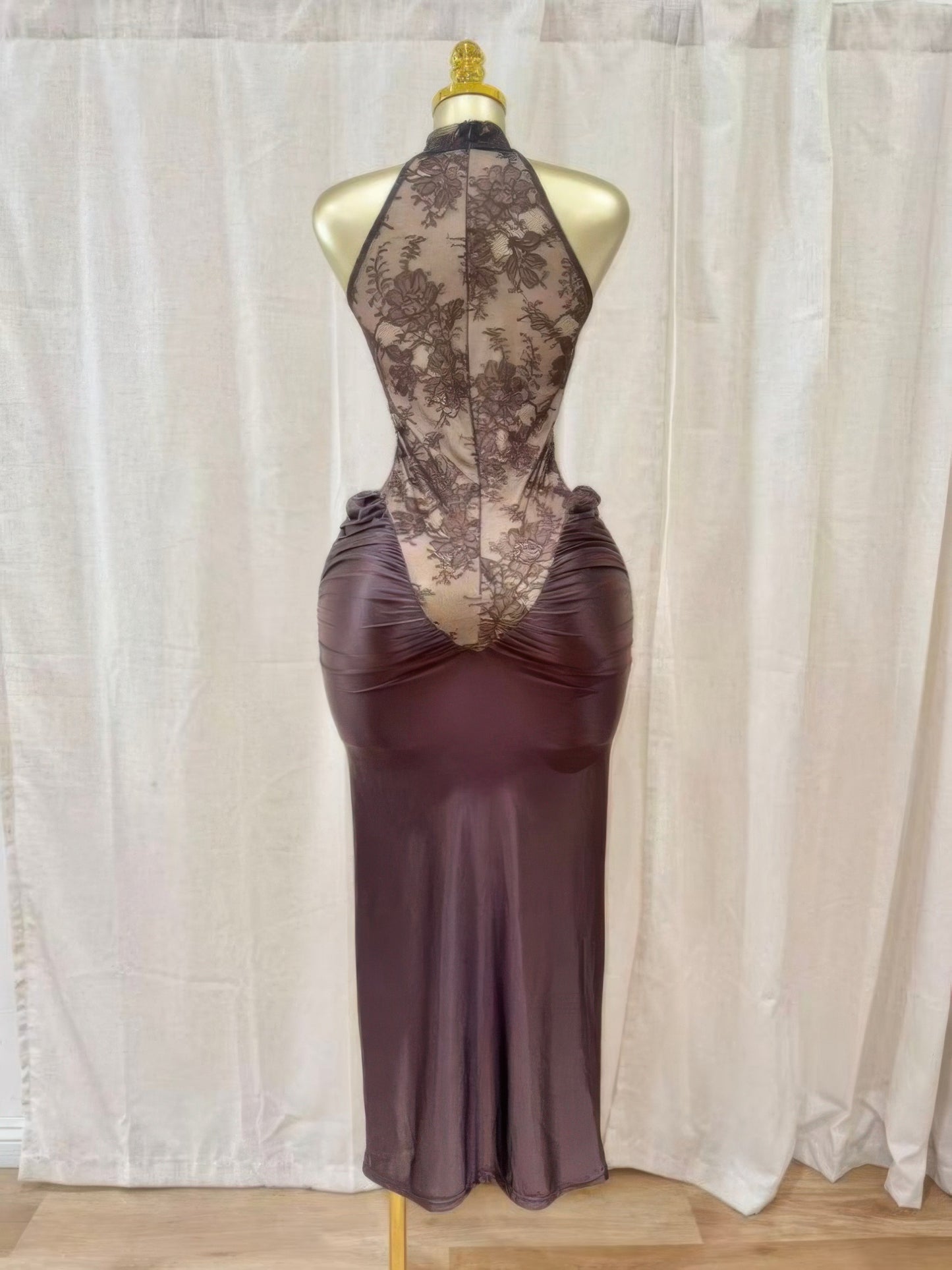 Crimson Lace Hourglass Dress — Brown