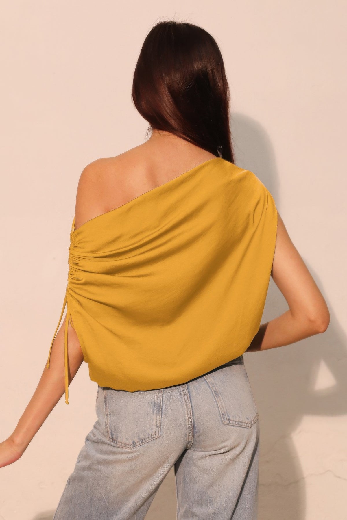 Washed Poly Silk Asymmetrical Drawstring Top