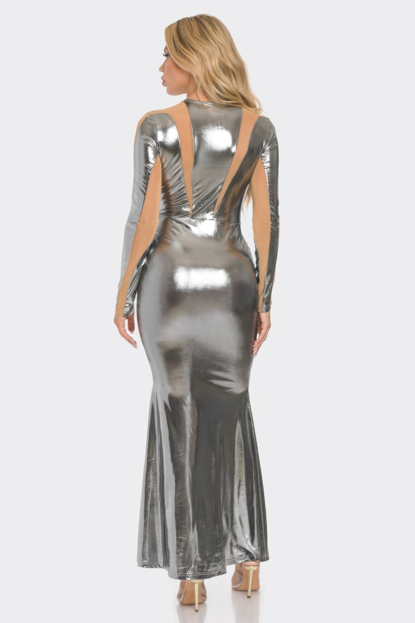 Mesh Cut Out Detail Maxi Dress — Silver