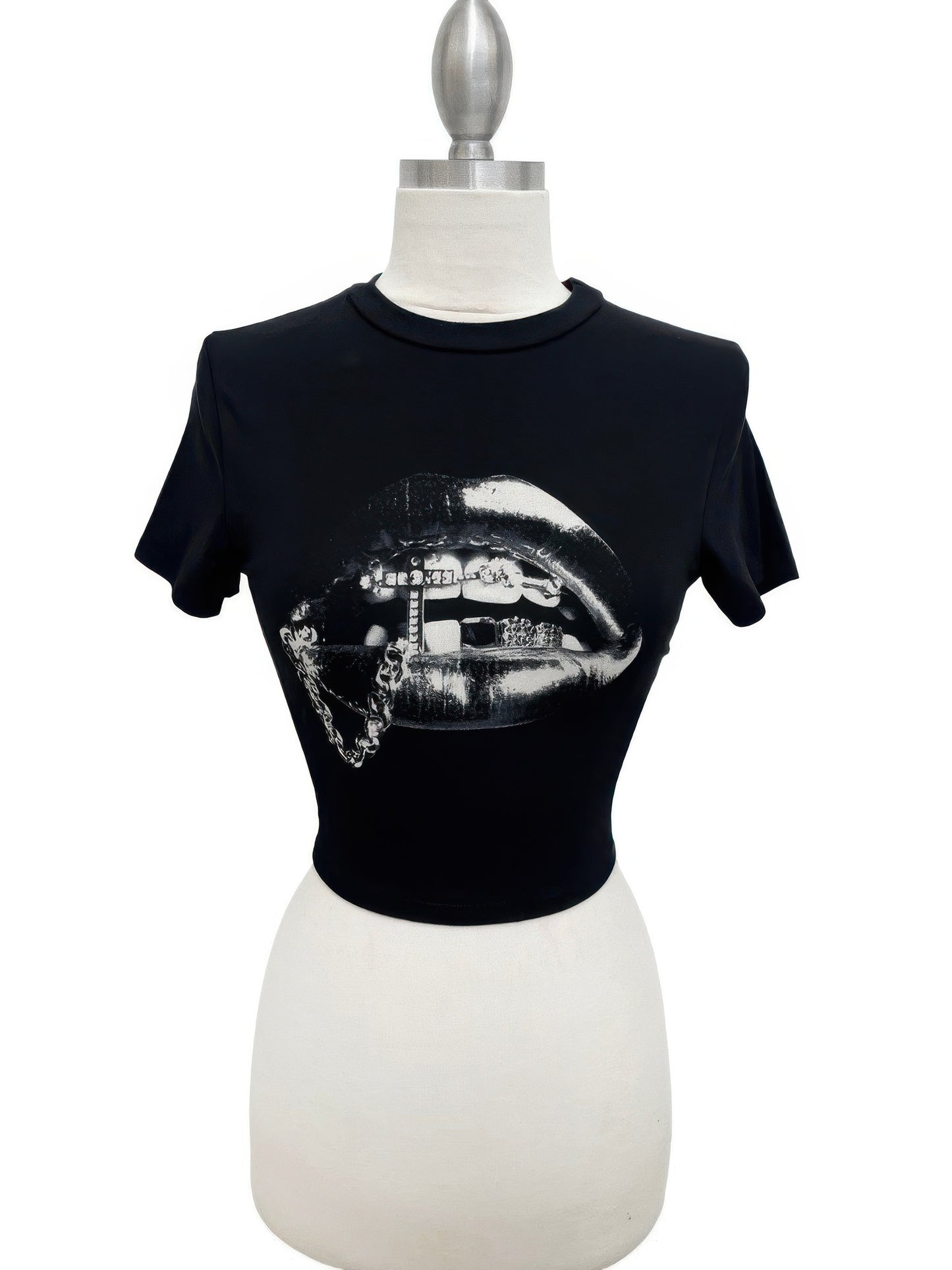 Graphic Lips Crop Top — Black