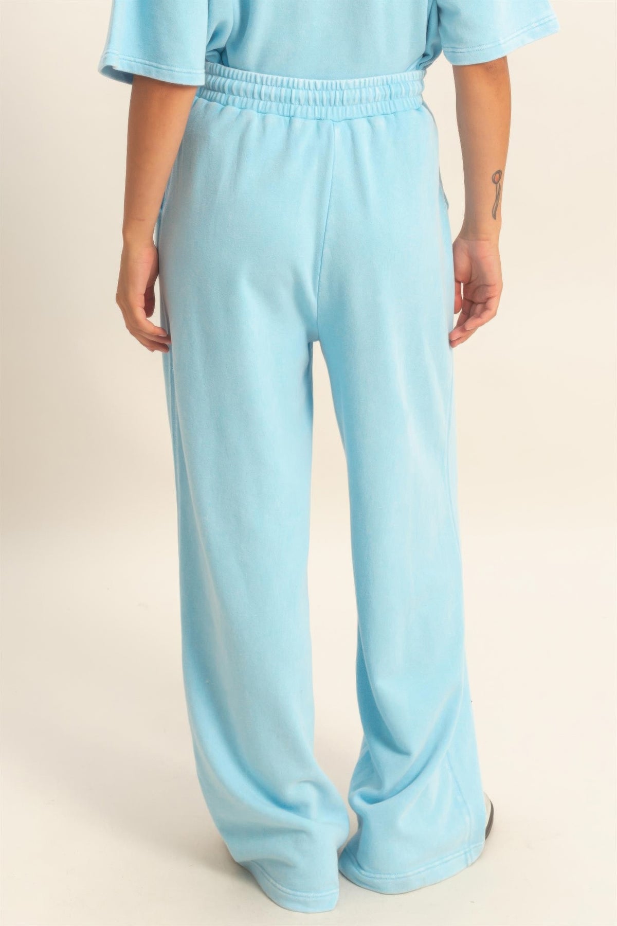 Acid Wash French Terry Wide-leg Pants — Blue