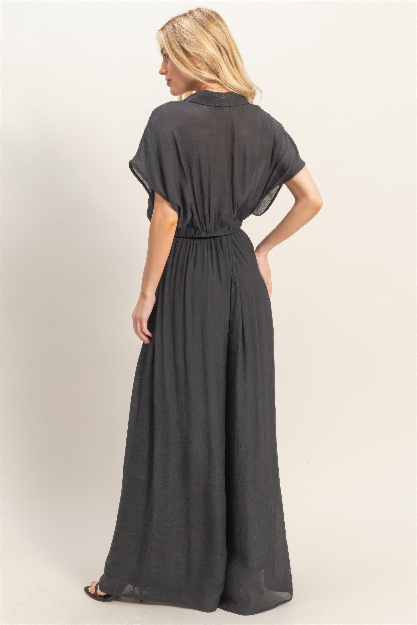 Collared Wrap Top & Wide-leg Pants Set — Black