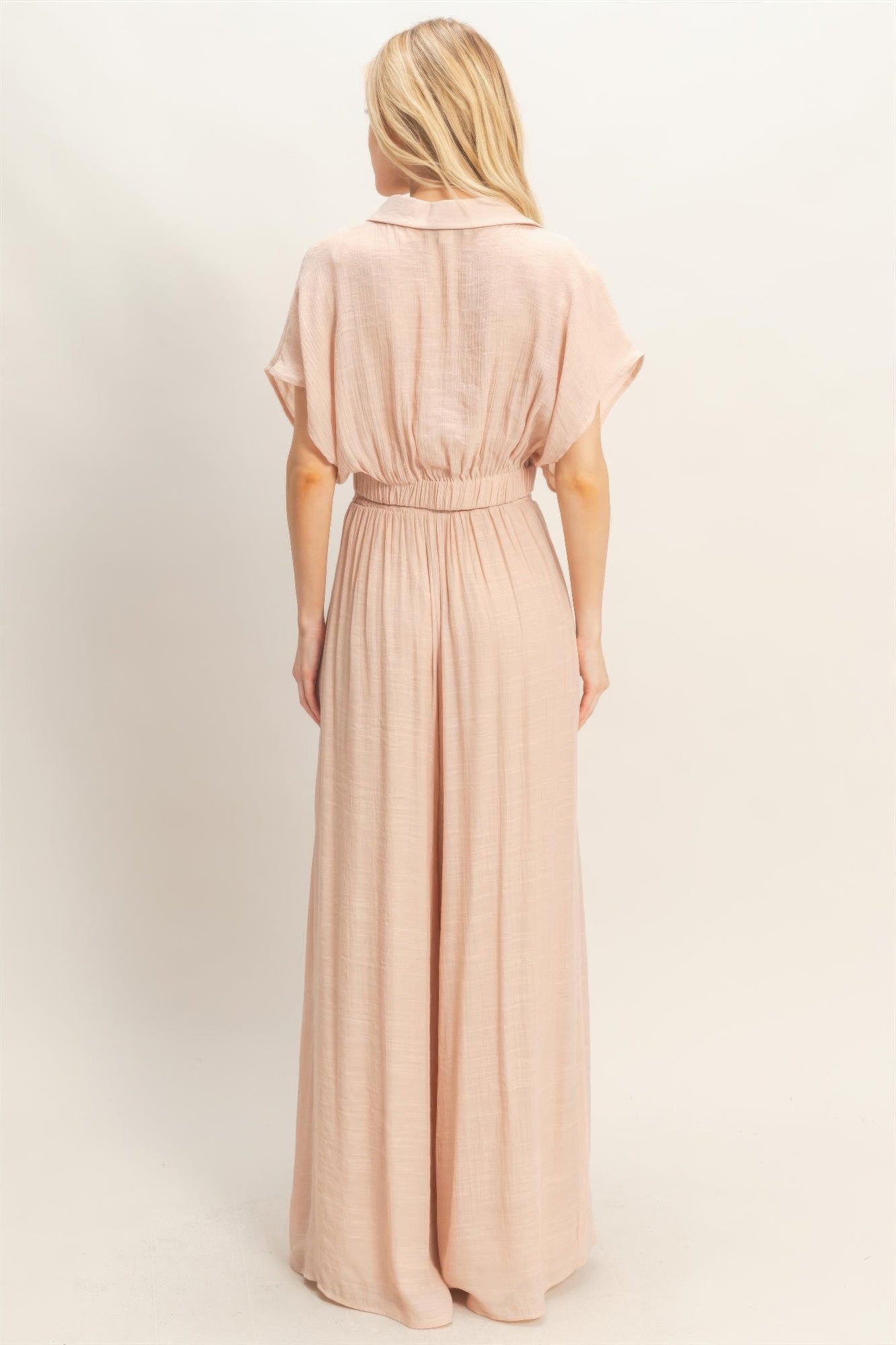 Collared Wrap Top & Wide-leg Pants Set — Almond