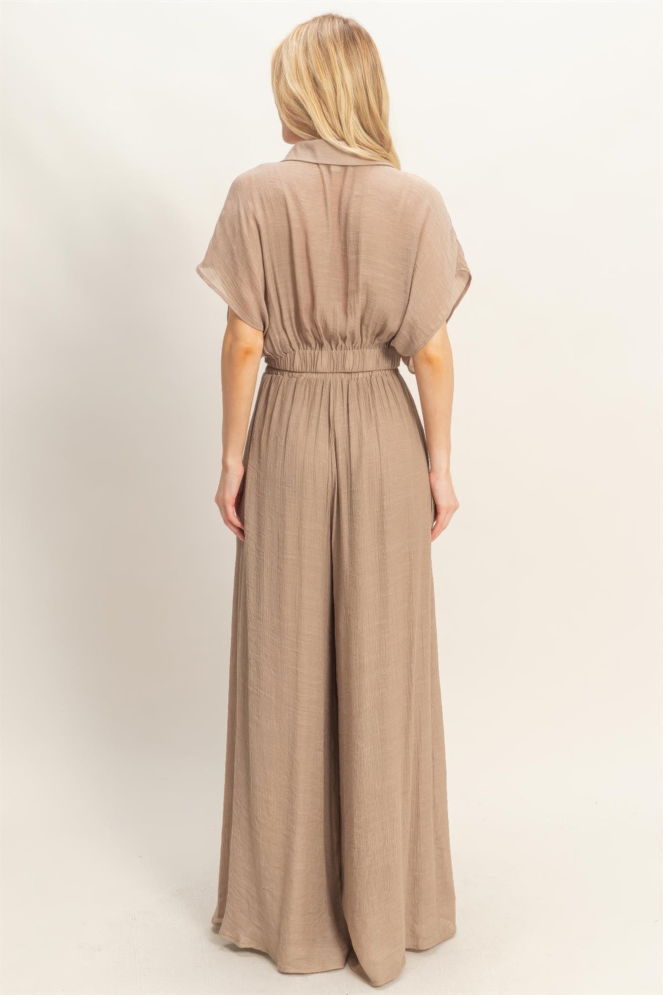Collared Wrap Top & Wide-leg Pants Set — Light mocha