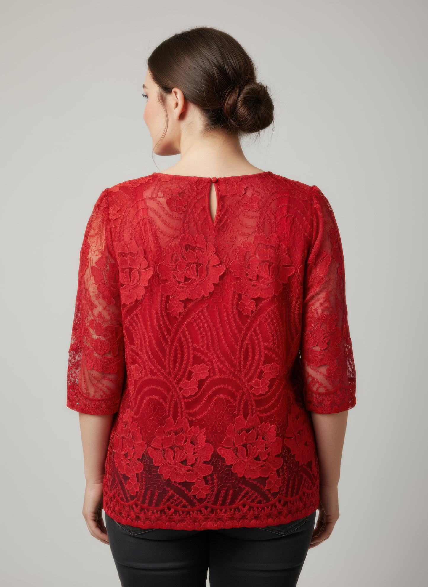 Elegant Floral Lace Sleeve Blouse — Red