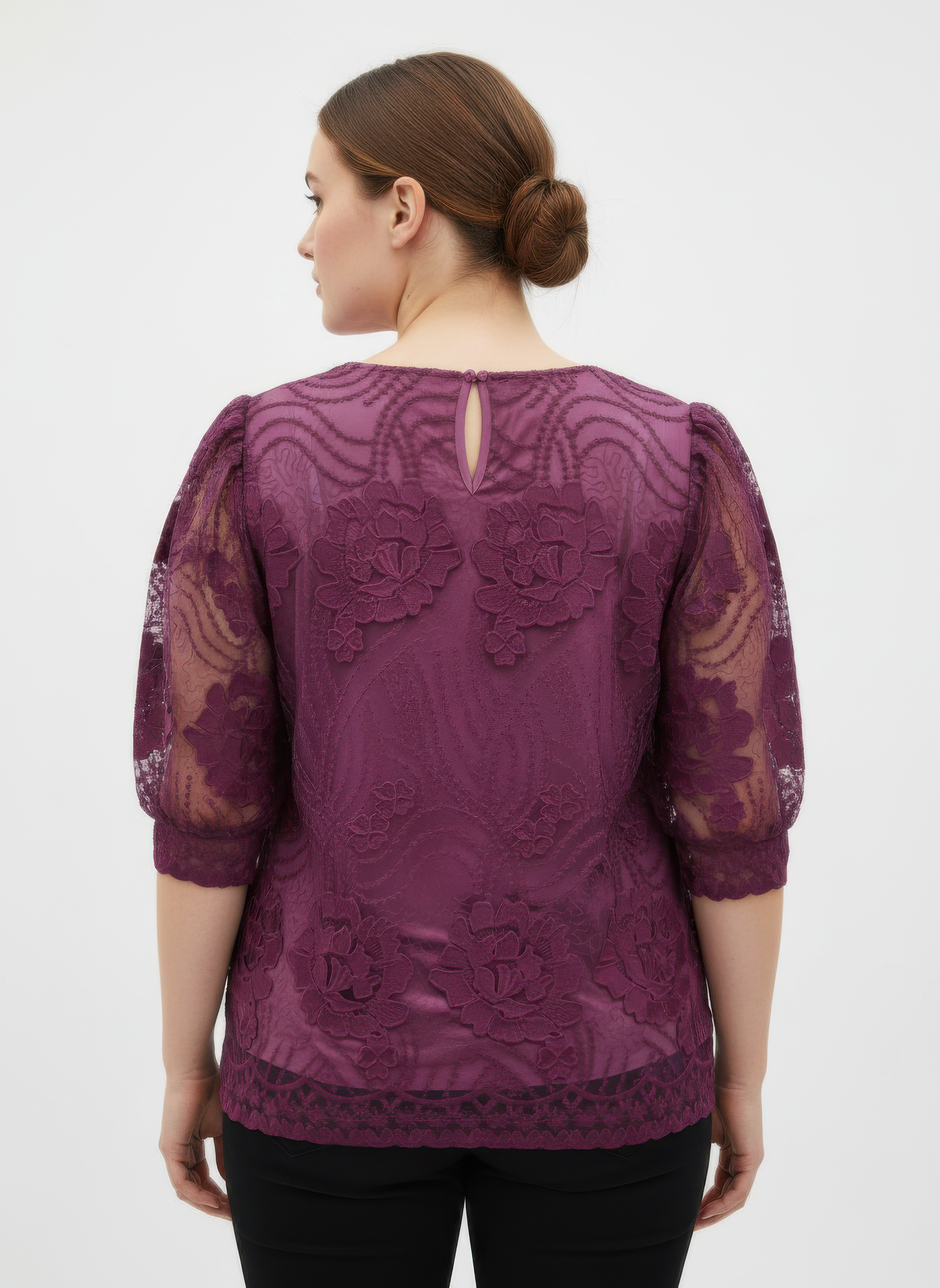 Elegant Floral Lace Sleeve Blouse — Purple
