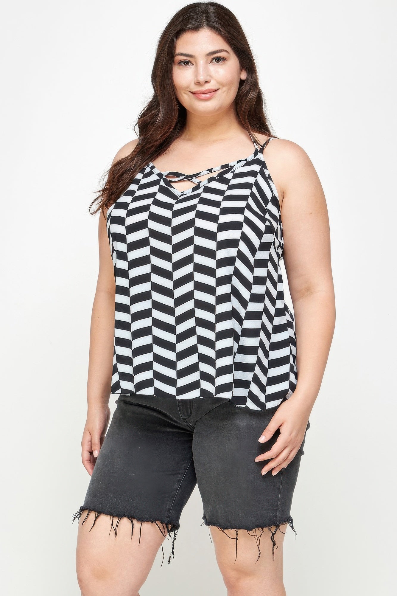 Plus Size Geometric Top With Double Spaghetti Strap — Black