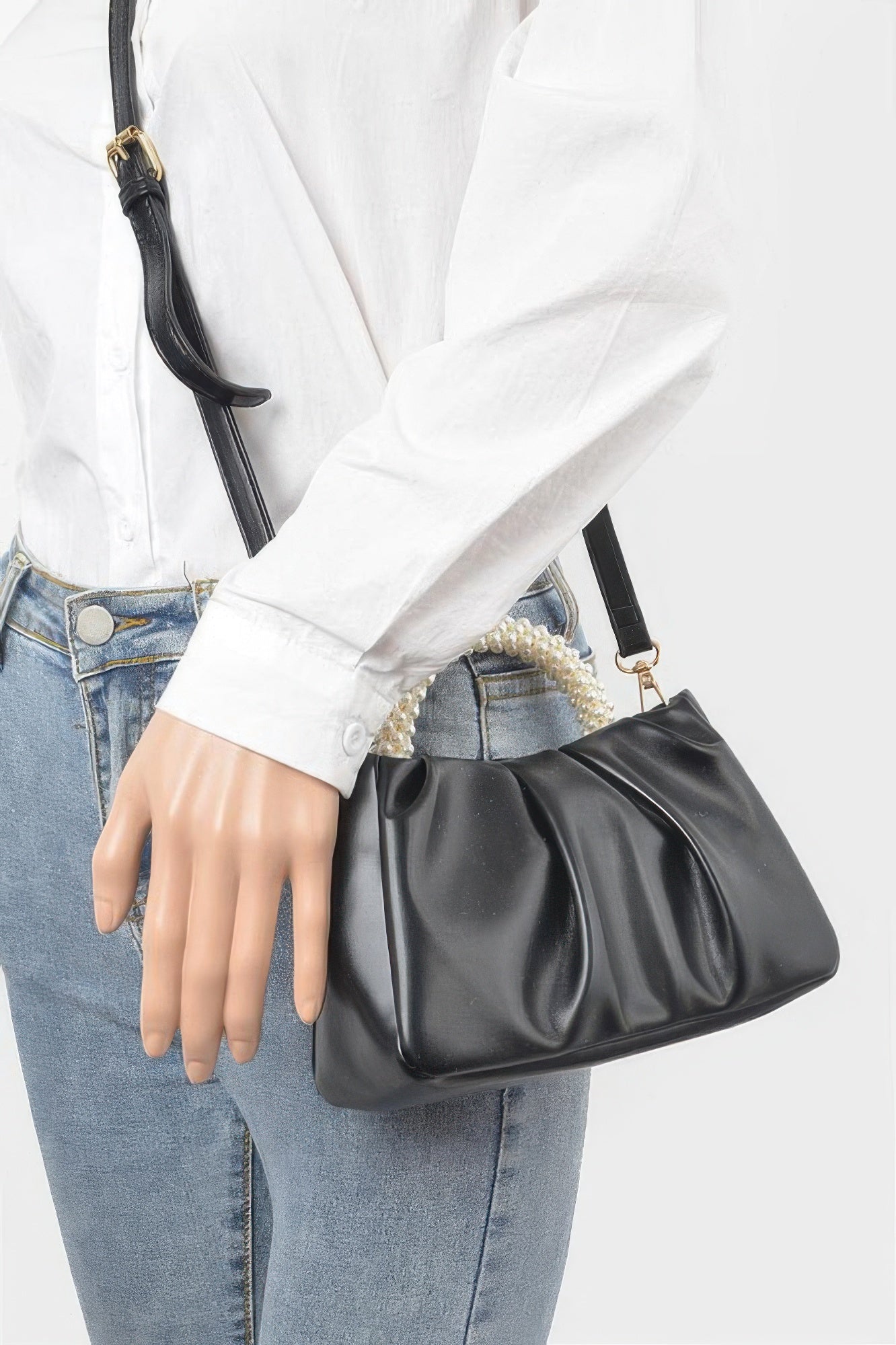 Faux Leather Pearl Handle Crossbody Bag
