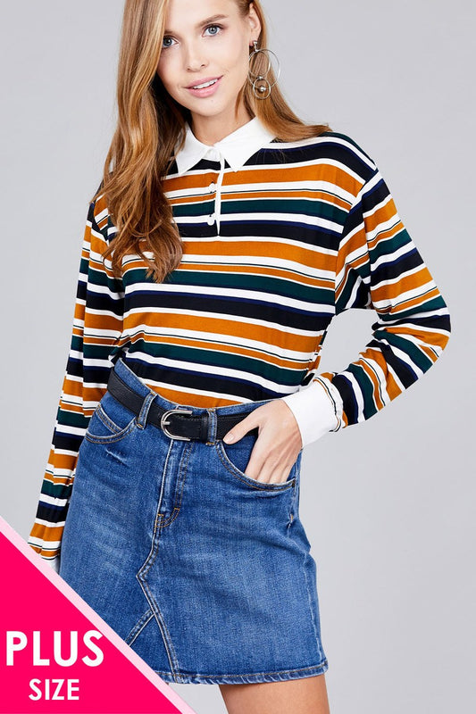 Ladies fashion plus size long sleeve multi striped dty brushed shirts — Mustard/Blue