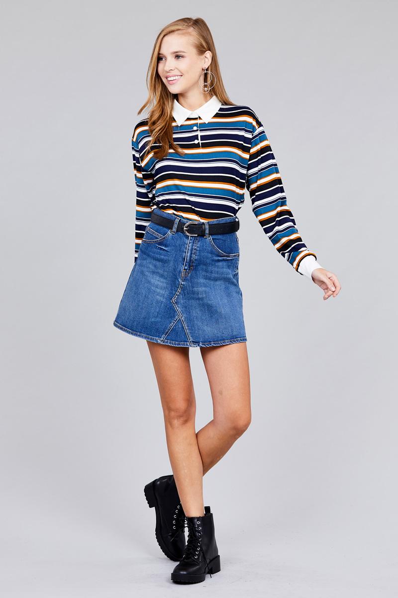 Ladies fashion plus size long sleeve multi striped dty brushed shirts — Navy/Blue