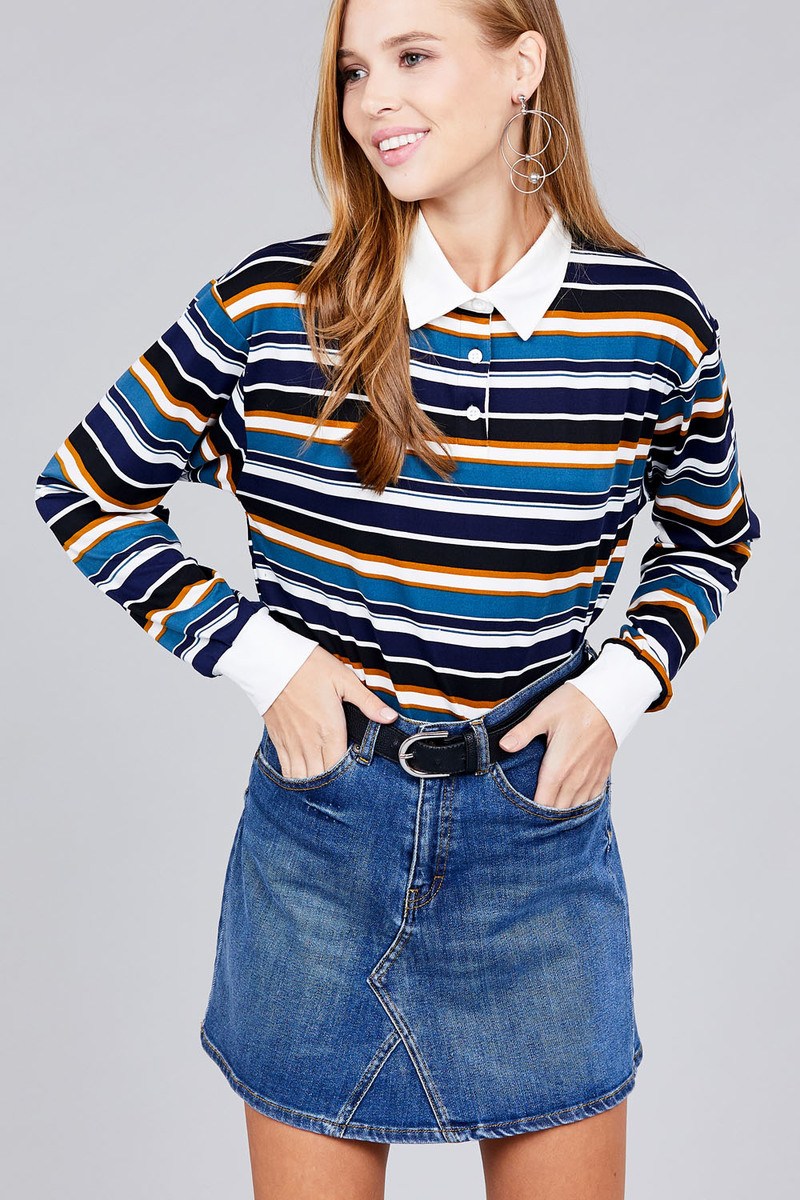 Ladies fashion plus size long sleeve multi striped dty brushed shirts — Navy/Blue