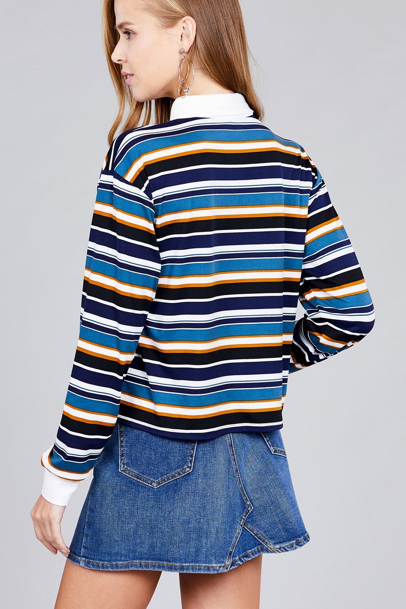 Ladies fashion plus size long sleeve multi striped dty brushed shirts — Navy/Blue