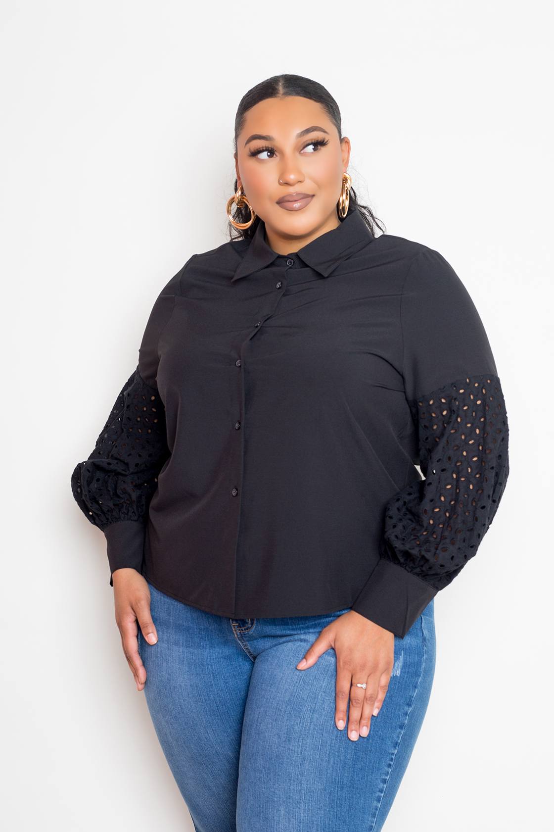 Blouse With Punched Sleeves — Black